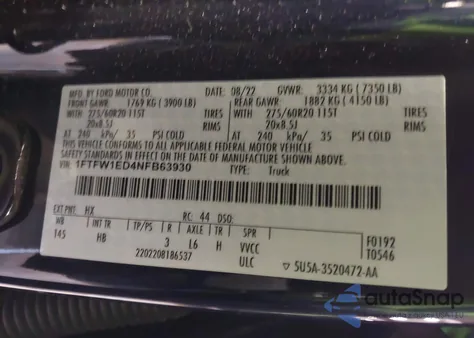 2022 Ford F-150 Lariat from USA, damaged, VIN 1FTFW1ED4NFB63930